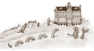 Oddfellow's Orphanage: drawing of the orphanage on a hill, with a sea serpent