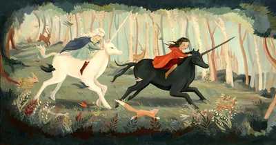Day Dreamers: girls riding white and black unicorns through a forest