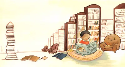 Day Dreamers: a child reading among towers of books