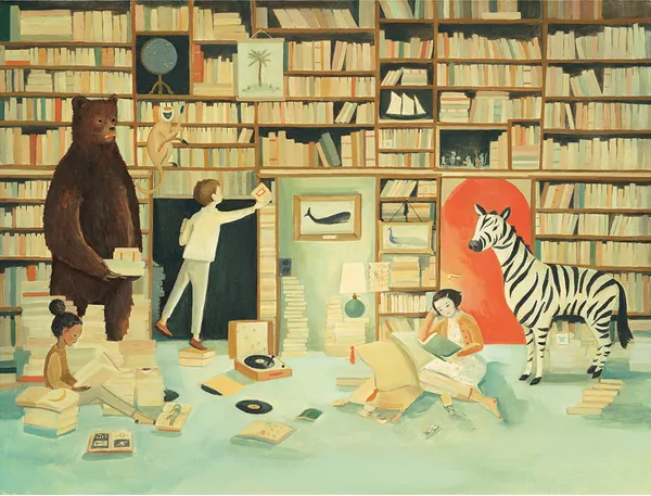 The Imaginaries: a library with a bear, a zebra and readers among the shelves